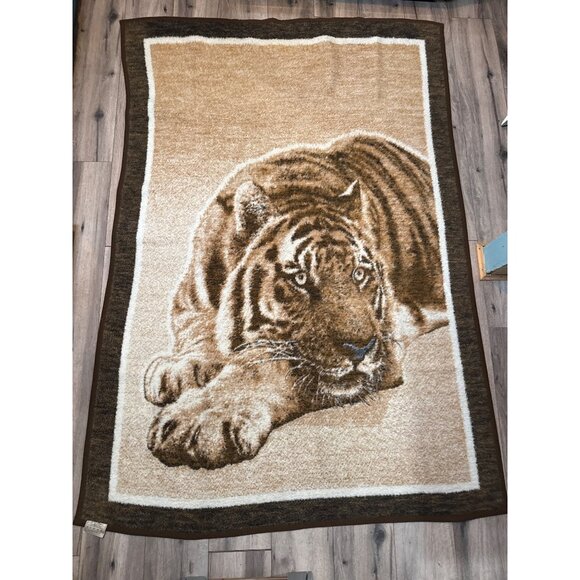 Vintage Biederlack Twin-Size Reversible Tiger Blanket Brown Cream - Picture 1 of 7